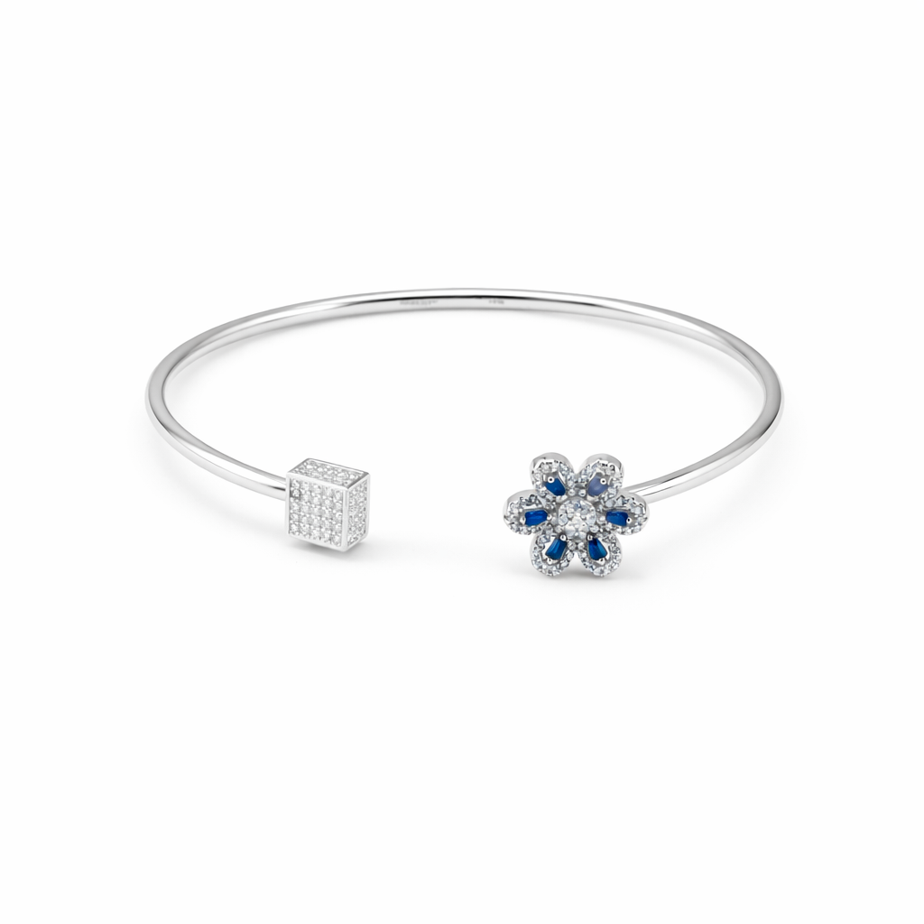 Azure Bloom Open Bangle – Minimal Floral Adjustable Bracelet for Women | Elegant Contemporary Everyday Jewellery