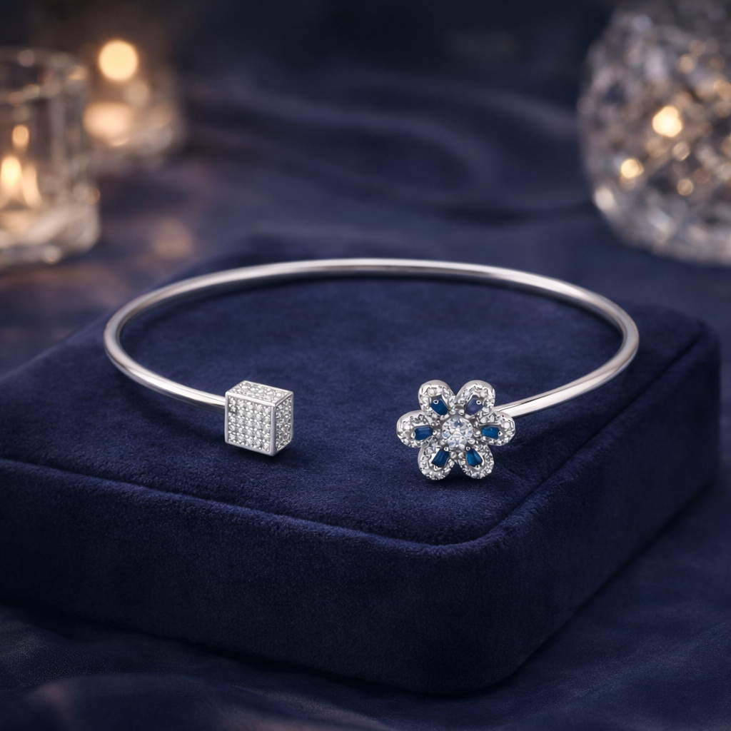 Azure Bloom Open Bangle – Minimal Floral Adjustable Bracelet for Women | Elegant Contemporary Everyday Jewellery