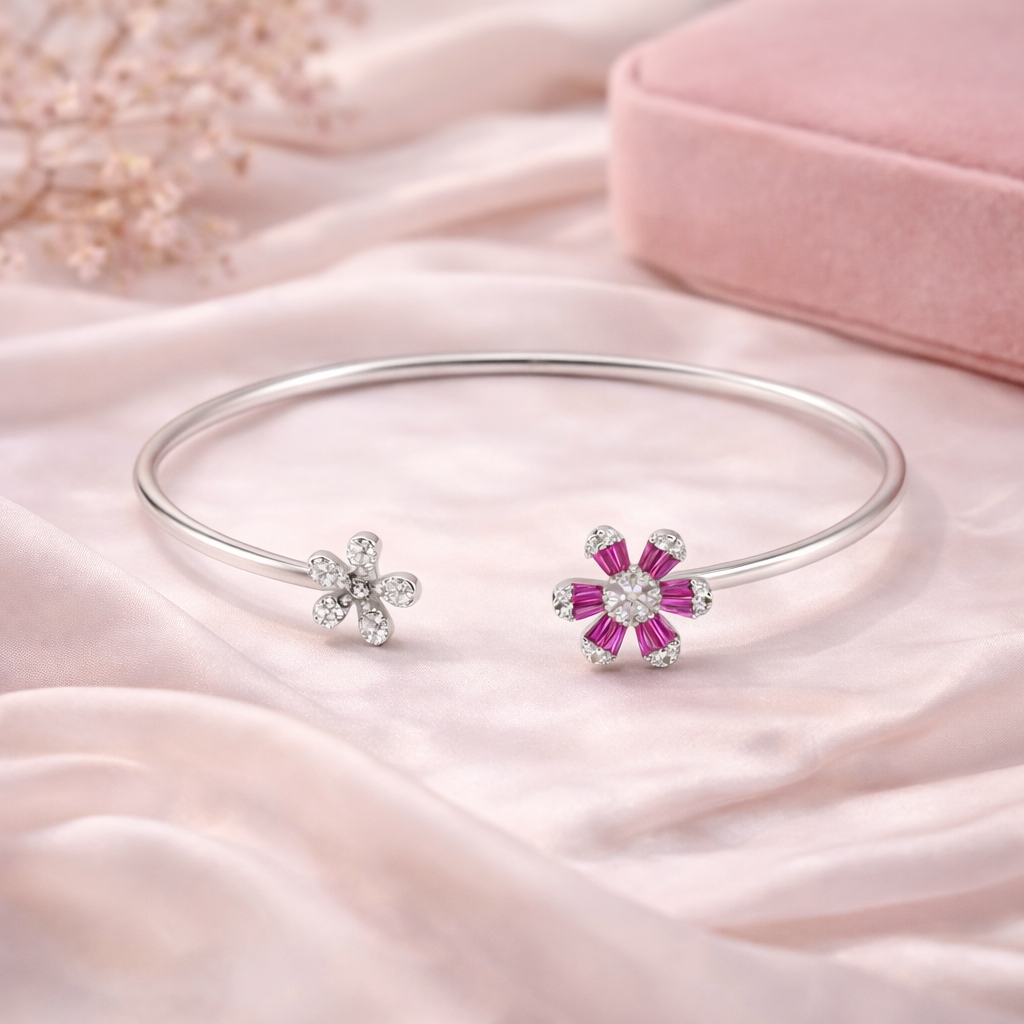 Ruby Bloom Open Bangle – Minimal Floral Adjustable Bracelet for Women | Elegant Contemporary Statement Jewellery