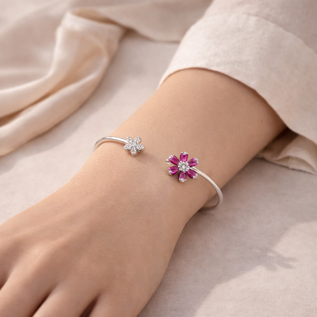 Ruby Bloom Open Bangle – Minimal Floral Adjustable Bracelet for Women | Elegant Contemporary Statement Jewellery