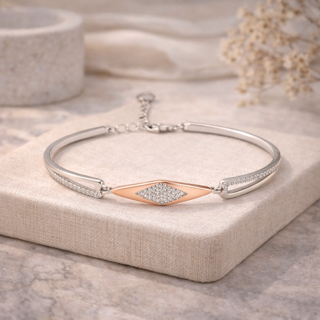 Rose Aura Diamond Shape Bracelet – Minimal Elegant Adjustable Bracelet for Women | Modern Two-Tone Statement Jewellery