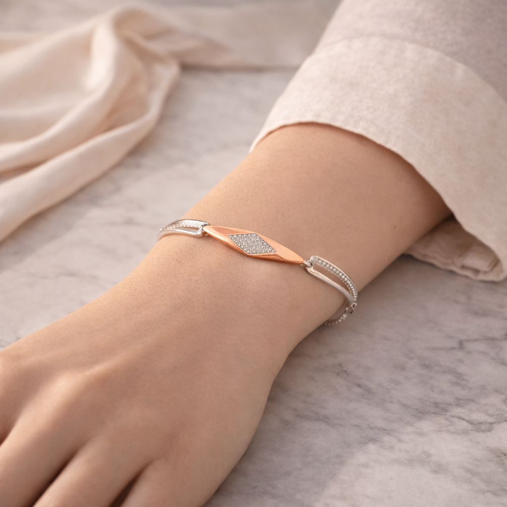 Rose Aura Diamond Shape Bracelet – Minimal Elegant Adjustable Bracelet for Women | Modern Two-Tone Statement Jewellery