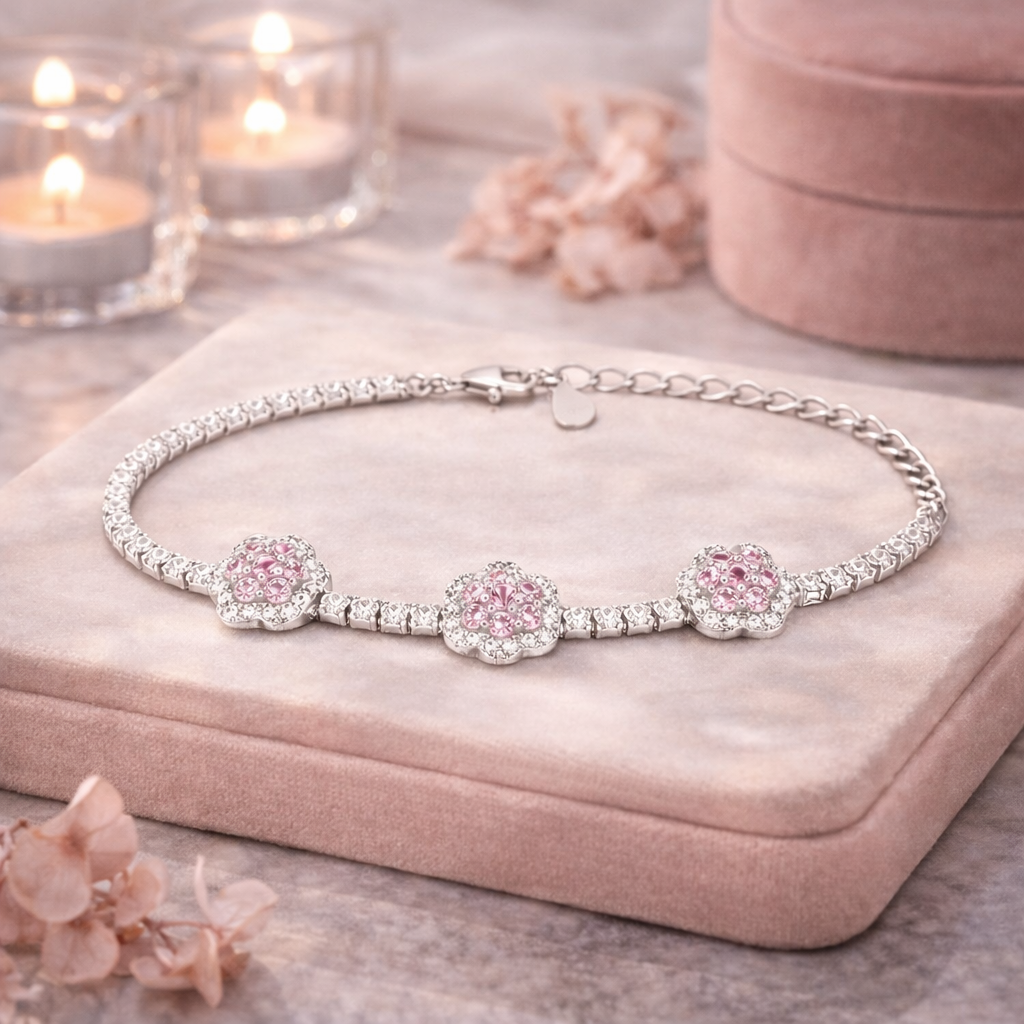 Pink Blossom Crystal Bracelet – Elegant Floral Tennis Bracelet for Women | Feminine Adjustable Wrist Jewellery