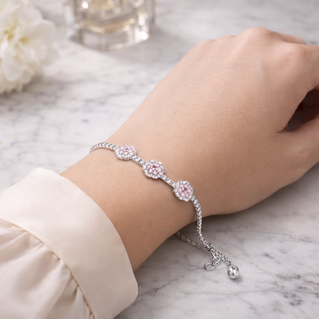 Pink Blossom Crystal Bracelet – Elegant Floral Tennis Bracelet for Women | Feminine Adjustable Wrist Jewellery