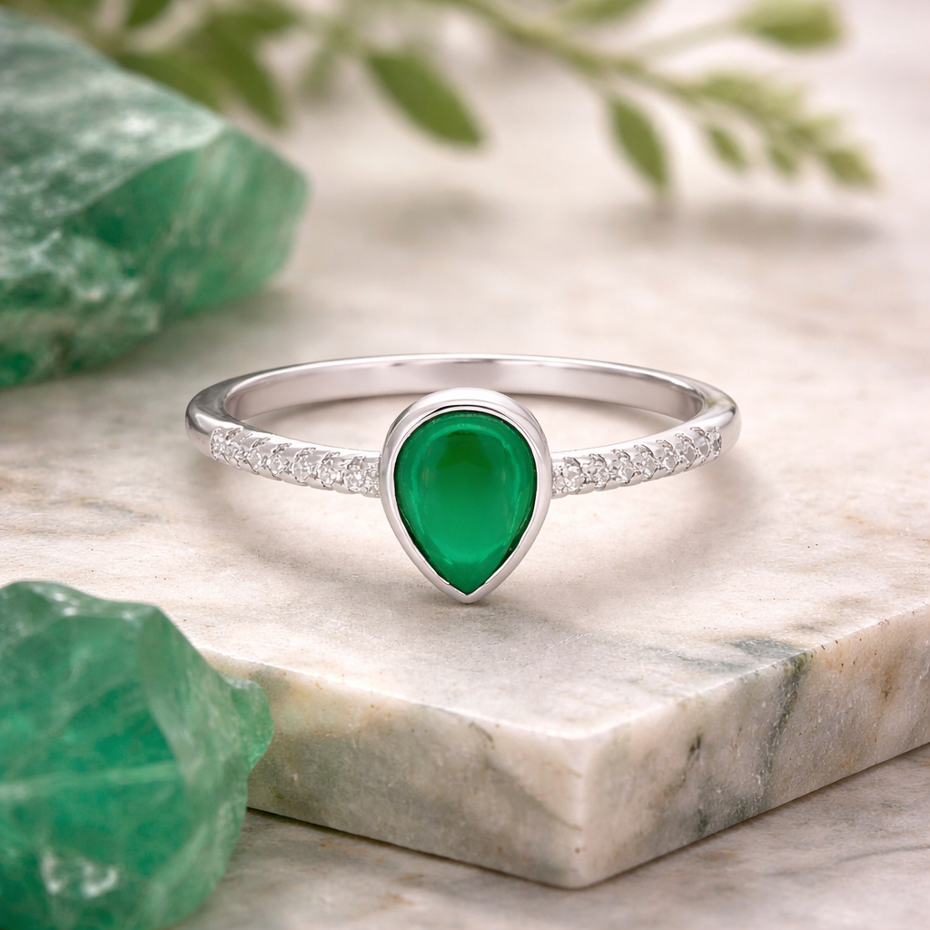 Emerald Drop Halo Ring – Elegant Minimal Adjustable Ring for Women | Refined Teardrop Statement Jewellery
