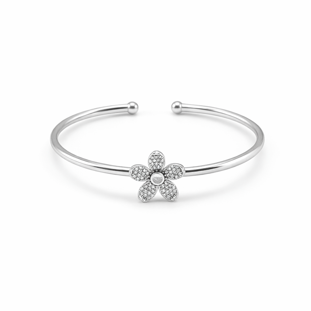 Crystal Blossom Open Bangle – Minimal Floral Adjustable Bracelet for Women | Elegant Everyday Jewellery