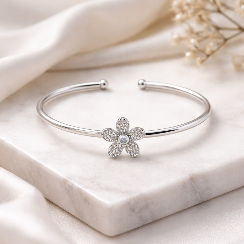 Crystal Blossom Open Bangle – Minimal Floral Adjustable Bracelet for Women | Elegant Everyday Jewellery