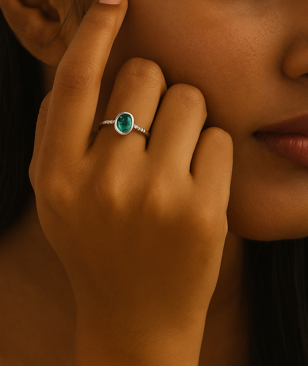Emerald Glow Solitaire Silver Ring