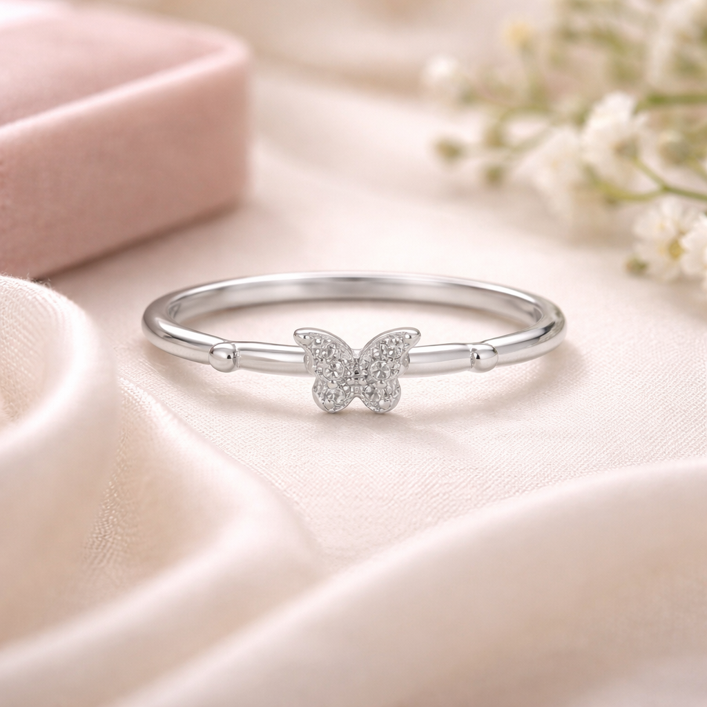 Minimal Butterfly Crystal Ring – Cute Silver Tone Ring for Women | Elegant Everyday Jewellery