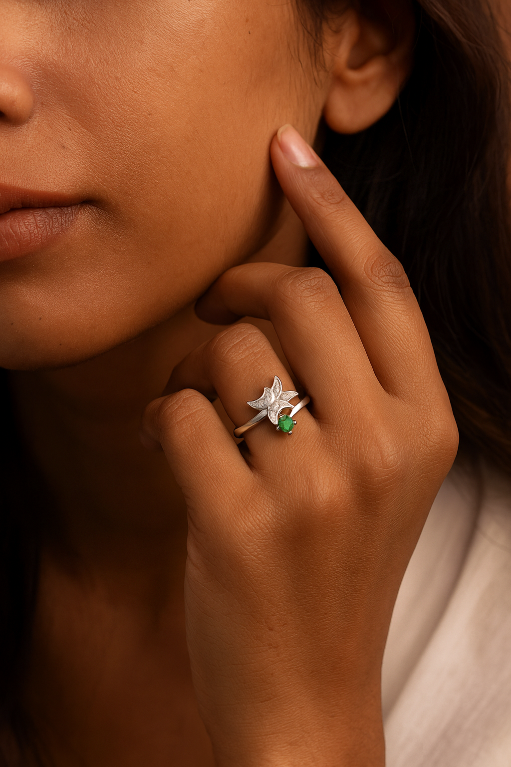 Silver Petal Emerald Ring