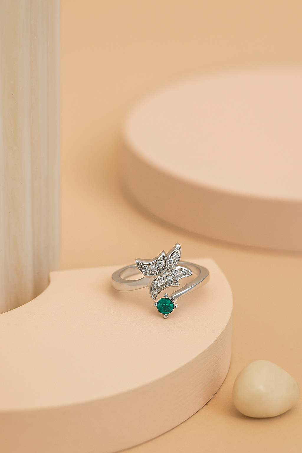 Silver Petal Emerald Ring