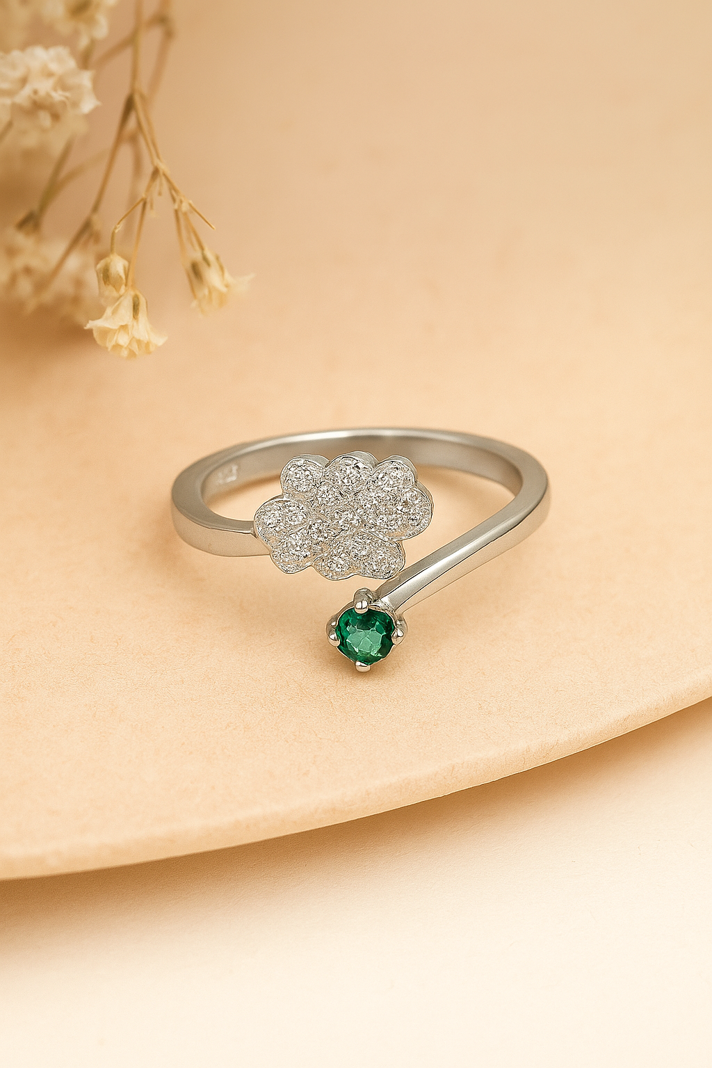 Silver Clover Emerald Ring