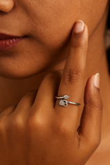 Silver Double Heart and Leaf Open Ring