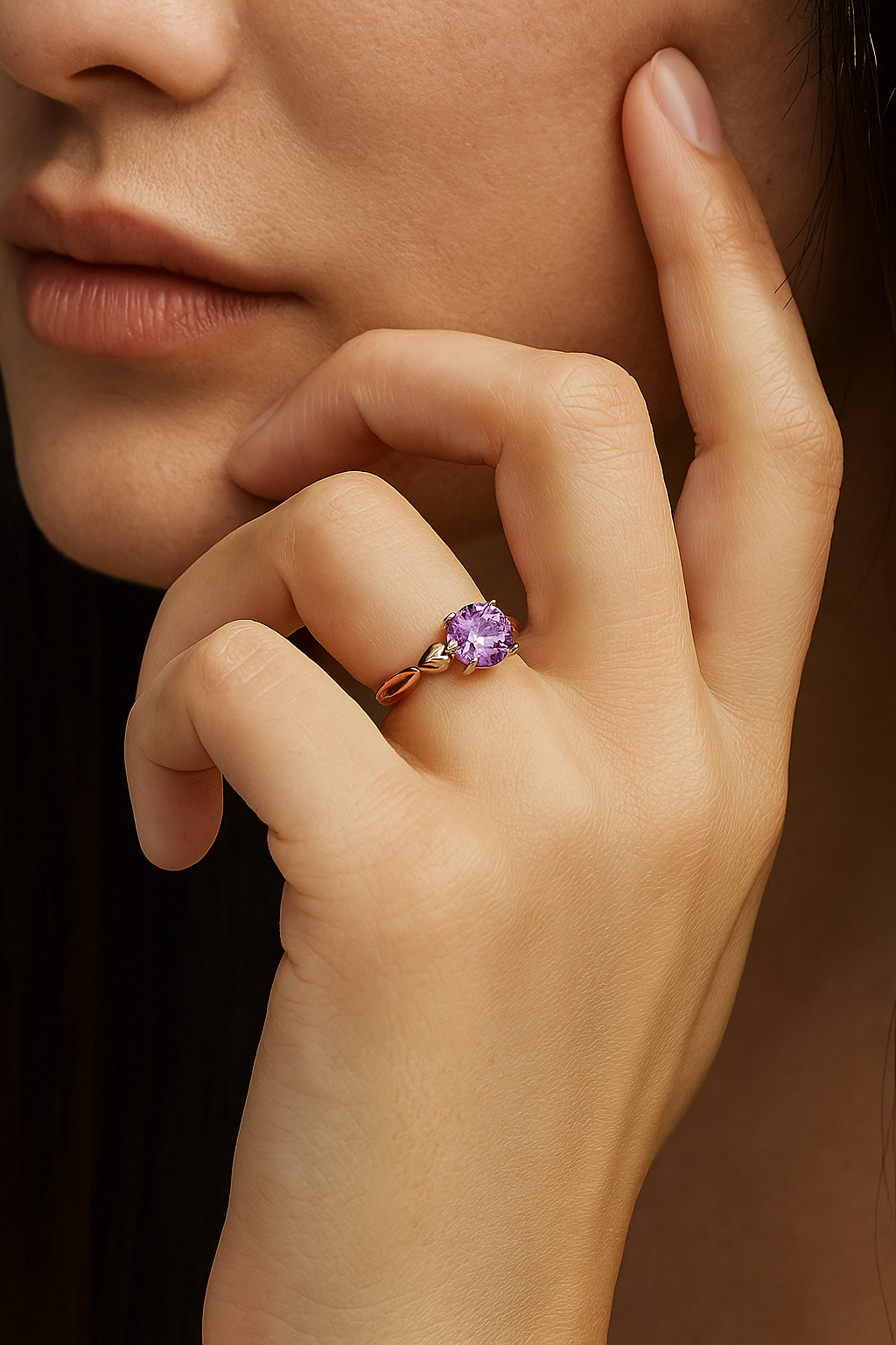 Rose Gold Ring with Lavender Solitaire Stone