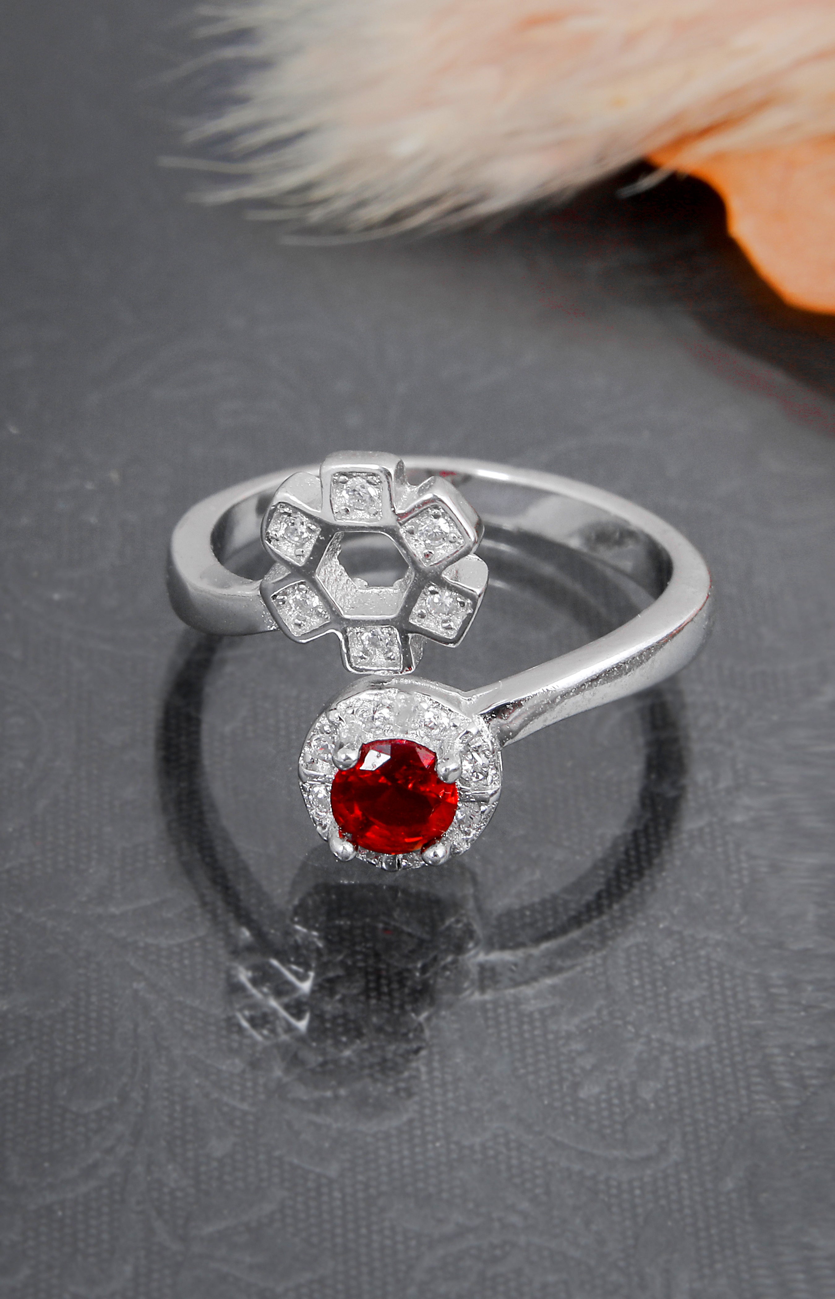 Red Stone Floral Open Ring
