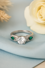 Silver Emerald Leaf Spark Ring