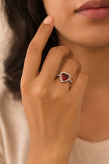 Silver Heart of Ruby Halo Ring