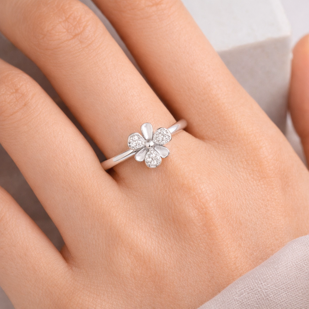 Crystal Bloom Petal Ring – Minimal Floral Adjustable Ring for Women | Elegant Everyday Nature-Inspired Jewellery