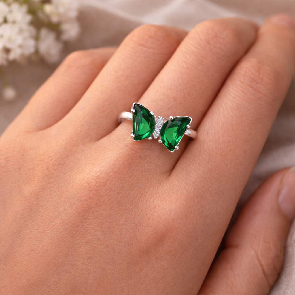 Green Butterfly Crystal Ring – Elegant Adjustable Minimal Statement Ring for Women | Everyday Fashion Jewellery