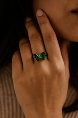 Emerald Whisper Butterfly Silver Ring