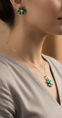 Silver Emerald Blossom Pendant Earring Set