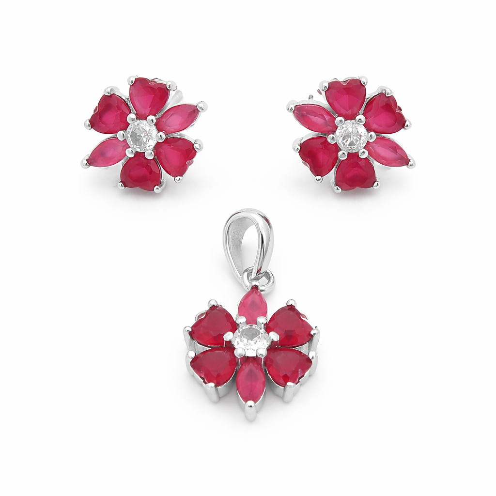 Ruby Blossom Floral Pendant Set – Elegant Minimal Jewellery Set for Women | Romantic Flower Design Earrings and Pendant