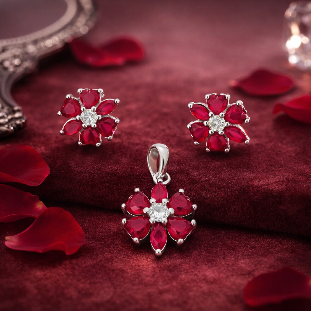 Ruby Blossom Floral Pendant Set – Elegant Minimal Jewellery Set for Women | Romantic Flower Design Earrings and Pendant