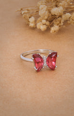 Crimson Flutter Butterfly Silver Ring