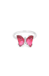 Crimson Flutter Butterfly Silver Ring
