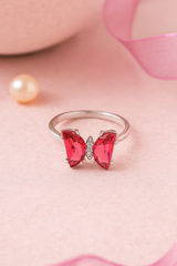 Crimson Flutter Butterfly Silver Ring