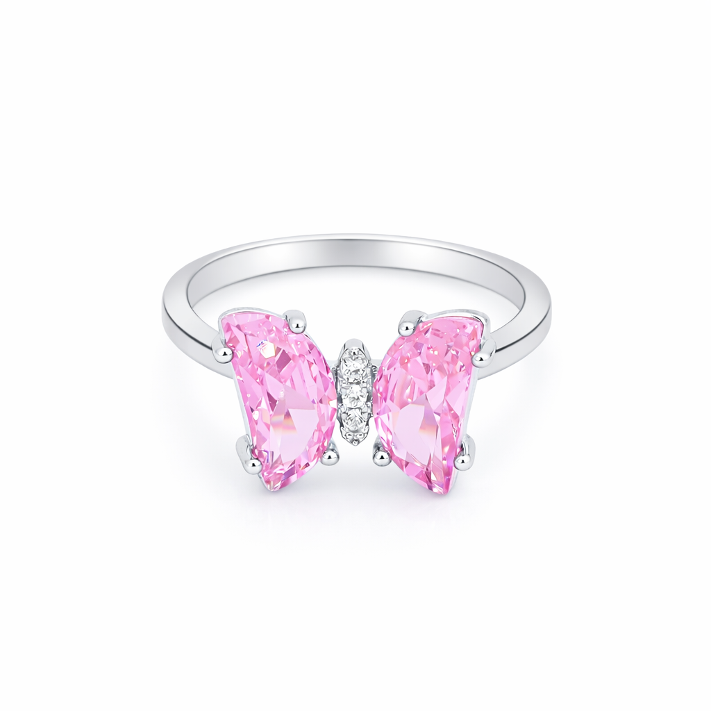Pink Butterfly Crystal Ring – Cute Minimal Adjustable Ring for Women | Elegant Feminine Everyday Jewellery