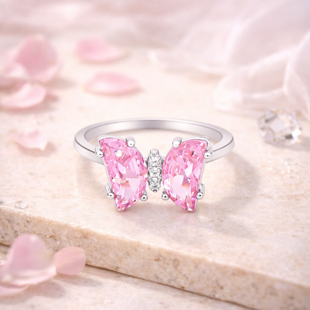 Pink Butterfly Crystal Ring – Cute Minimal Adjustable Ring for Women | Elegant Feminine Everyday Jewellery