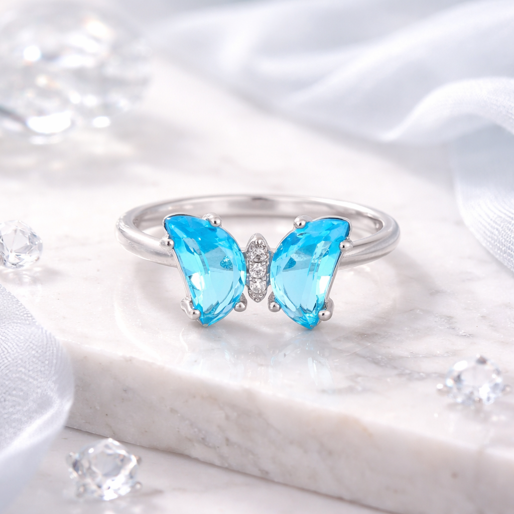 Blue Butterfly Crystal Ring – Cute Minimal Adjustable Ring for Women | Elegant Statement Everyday Jewellery