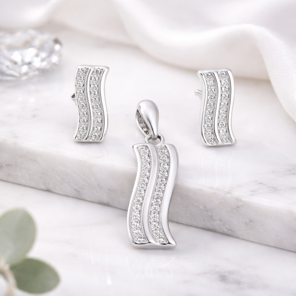 Crystal Wave Flow Pendant Set – Minimal Elegant Jewellery Set for Women | Modern Sculpted Earrings and Pendant