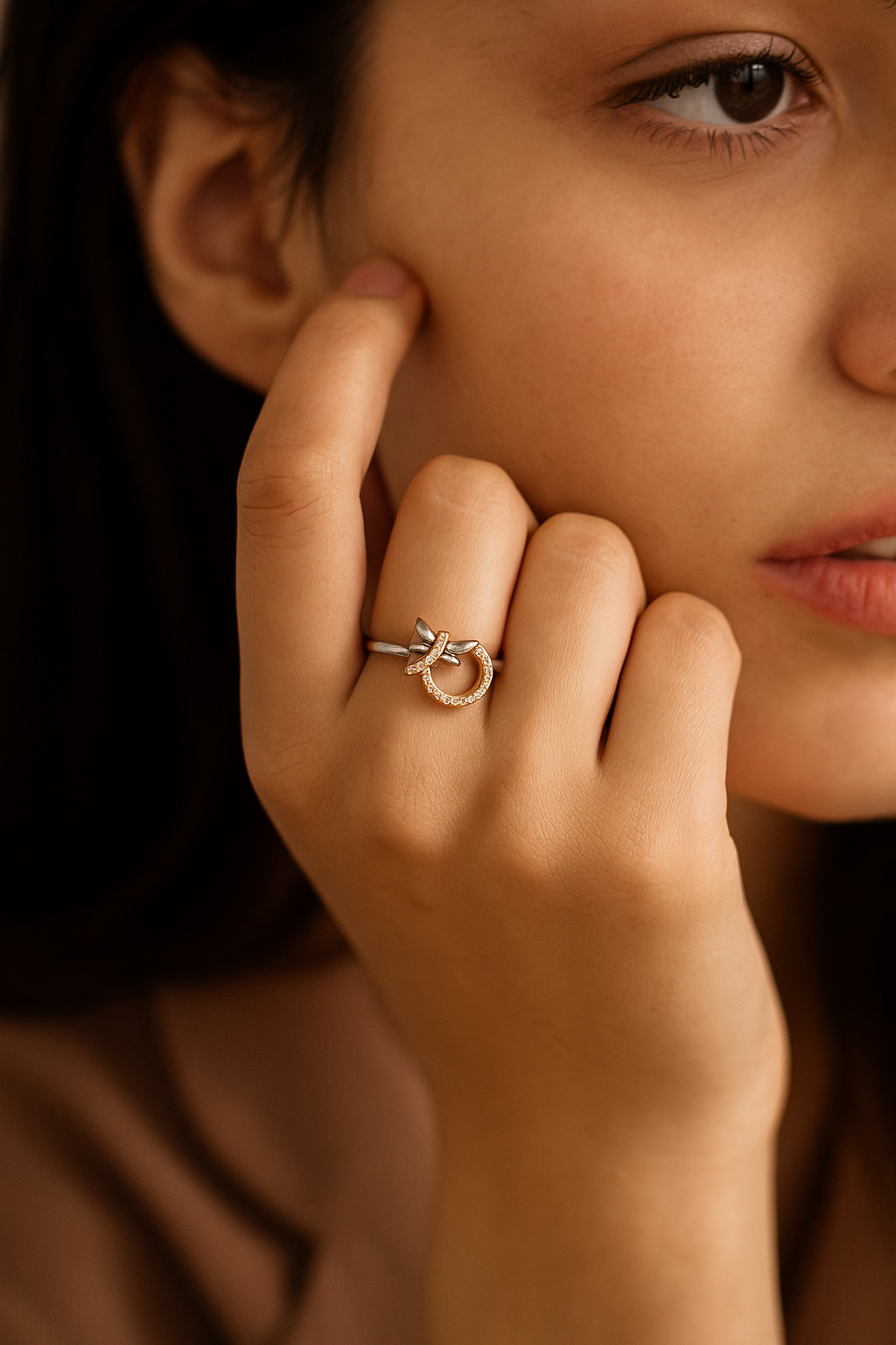 Silver Butterfly and Rose Gold Circle Ring