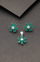 Silver Emerald Blossom Pendant Earring Set