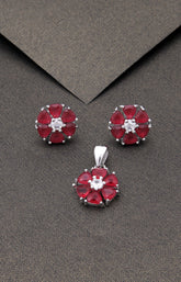 Silver Ruby Bloom Pendant Set