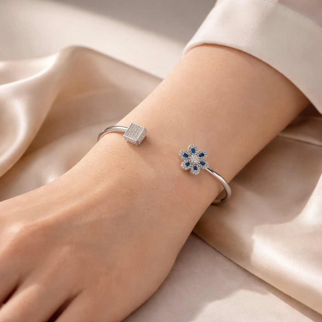 Azure Bloom Open Bangle – Minimal Floral Adjustable Bracelet for Women | Elegant Contemporary Everyday Jewellery