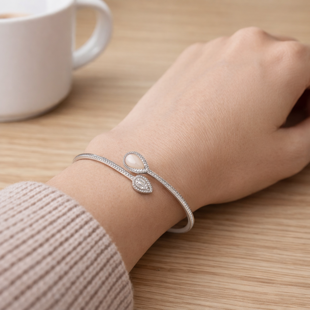 Pearl Drop Flow Bangle – Minimal Elegant Adjustable Bracelet for Women | Contemporary Everyday Jewellery