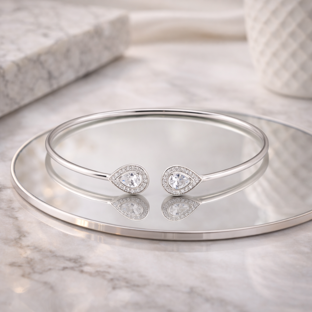 Twin Crystal Drop Bangle – Minimal Elegant Adjustable Bracelet for Women | Modern Everyday Statement Jewellery