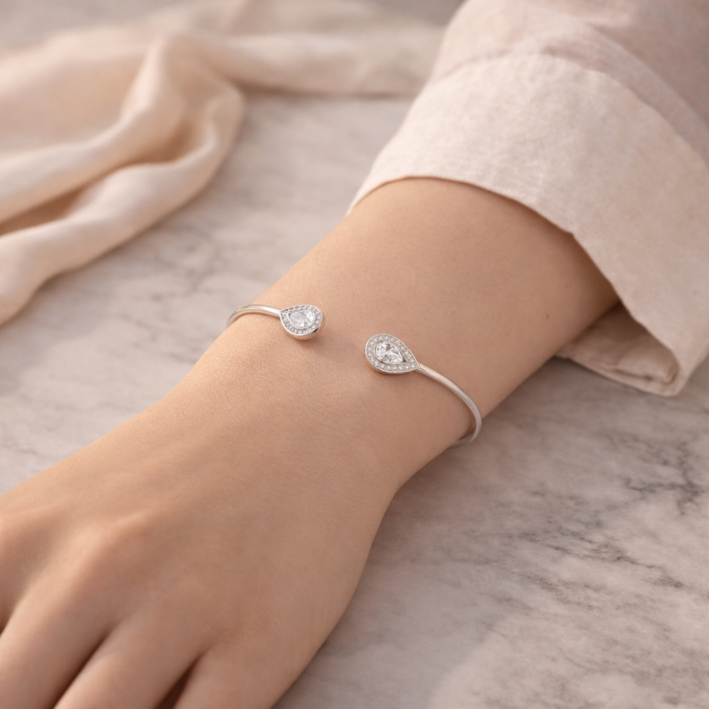 Twin Crystal Drop Bangle – Minimal Elegant Adjustable Bracelet for Women | Modern Everyday Statement Jewellery