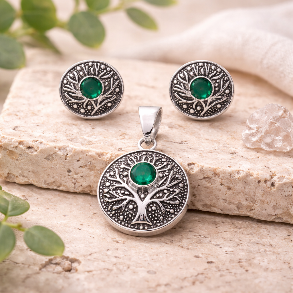 Emerald Tree Medallion Pendant Set – Nature Inspired Elegant Jewellery Set for Women | Artistic Everyday Earrings and Pendant