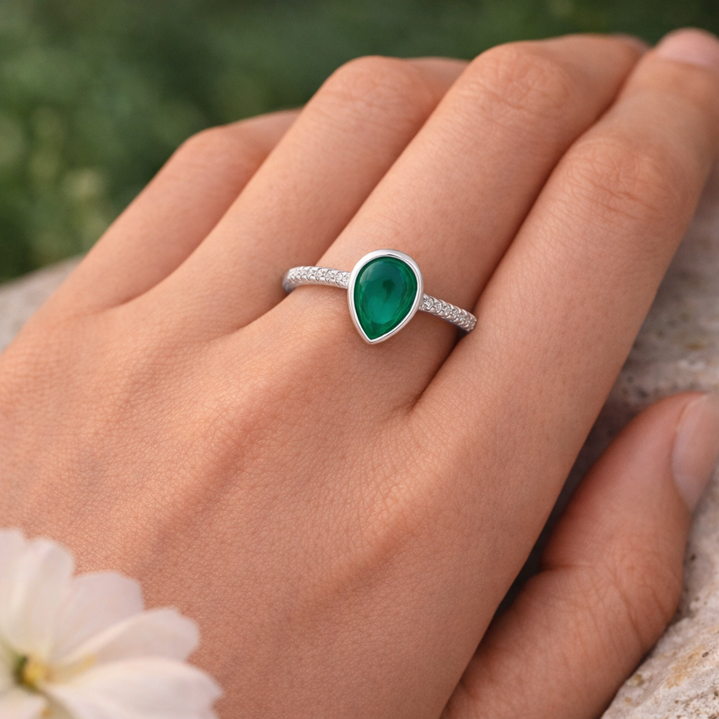 Emerald Drop Halo Ring – Elegant Minimal Adjustable Ring for Women | Refined Teardrop Statement Jewellery