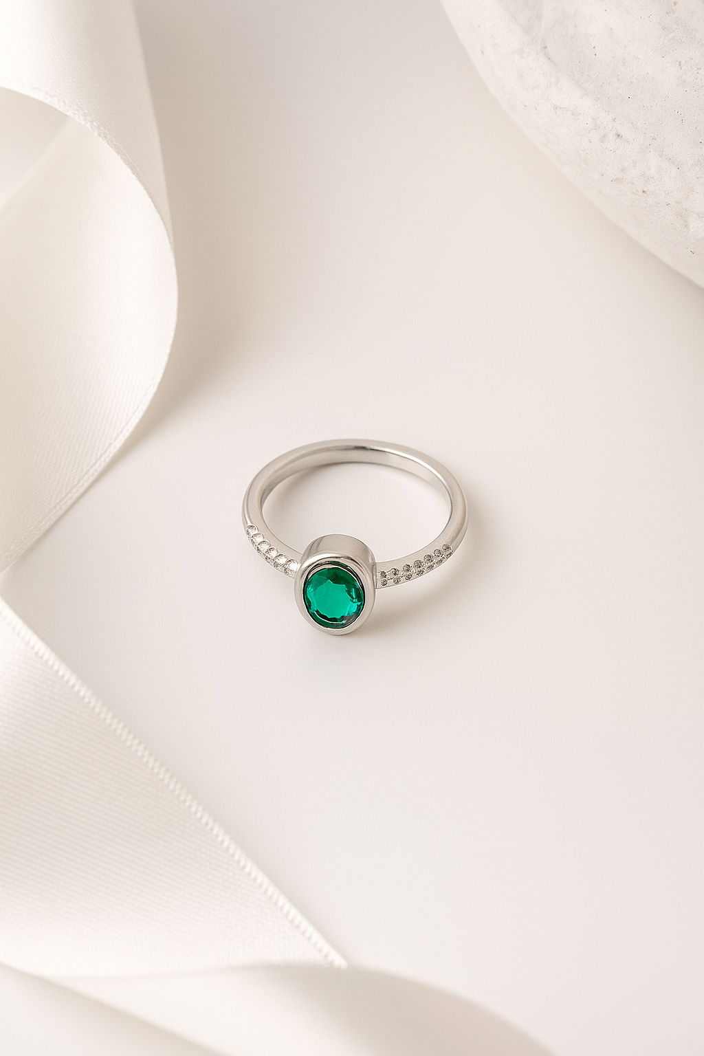 Emerald Glow Solitaire Silver Ring