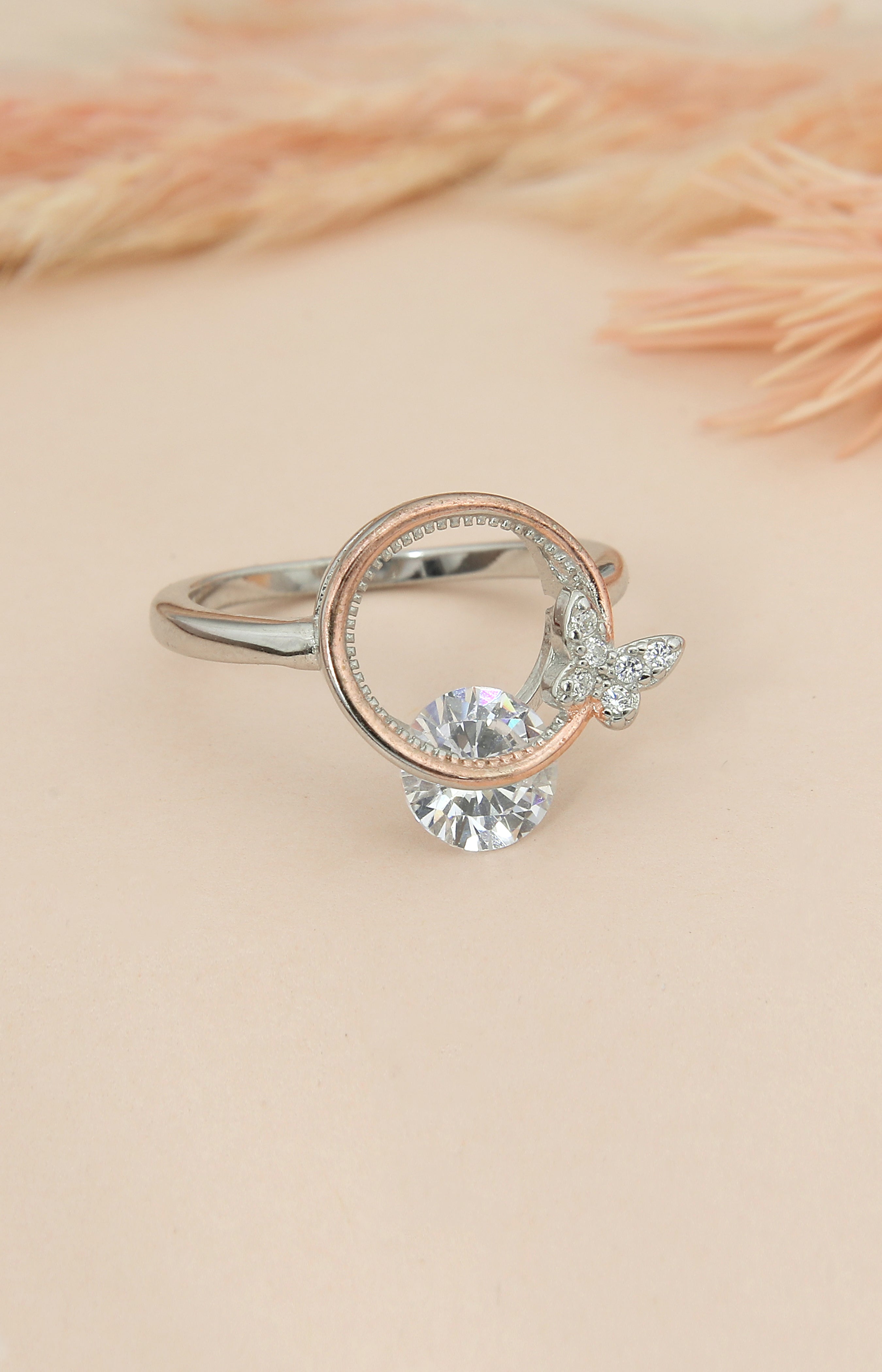 Silver Butterfly and Rose Gold Halo Ring