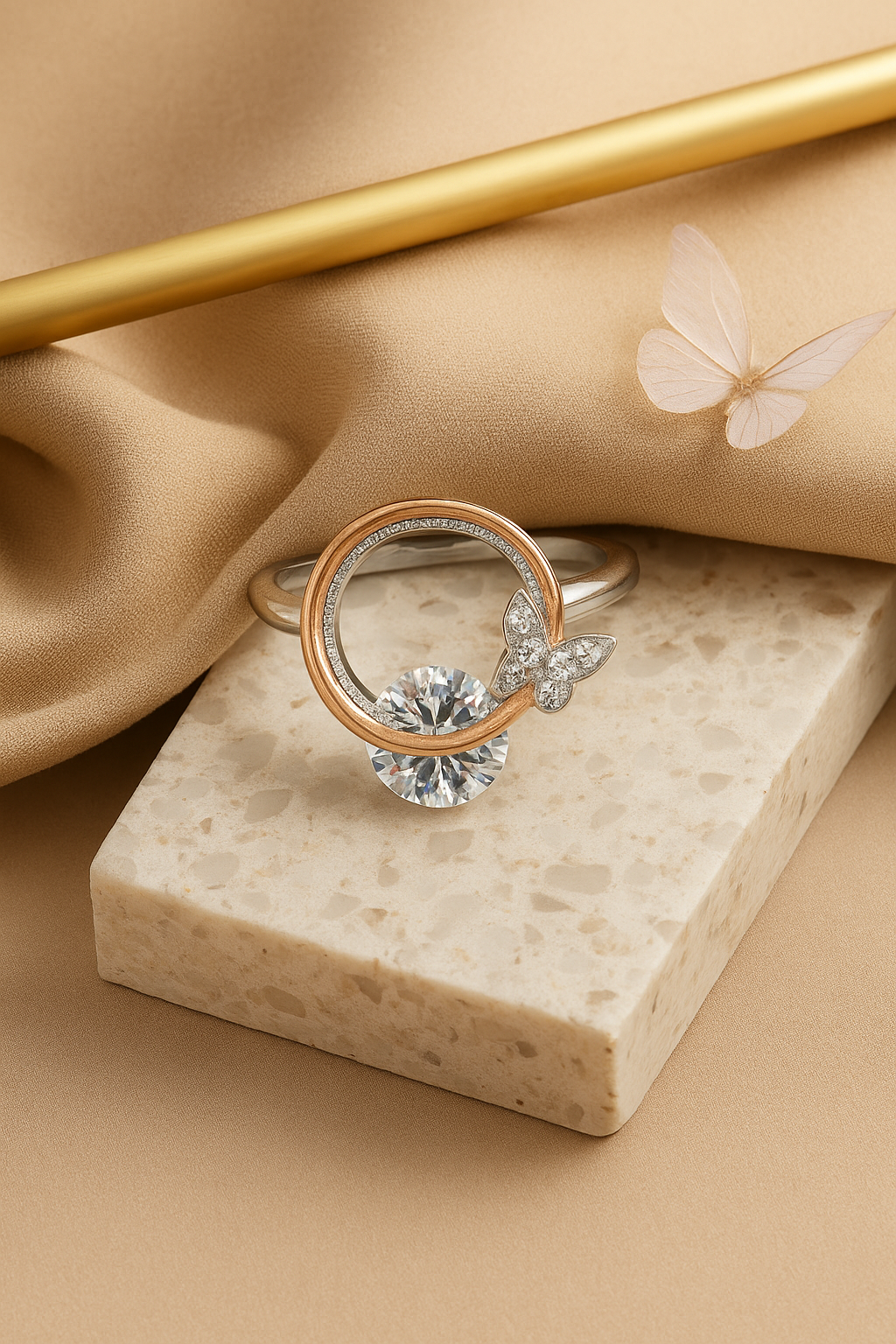Silver Butterfly and Rose Gold Halo Ring