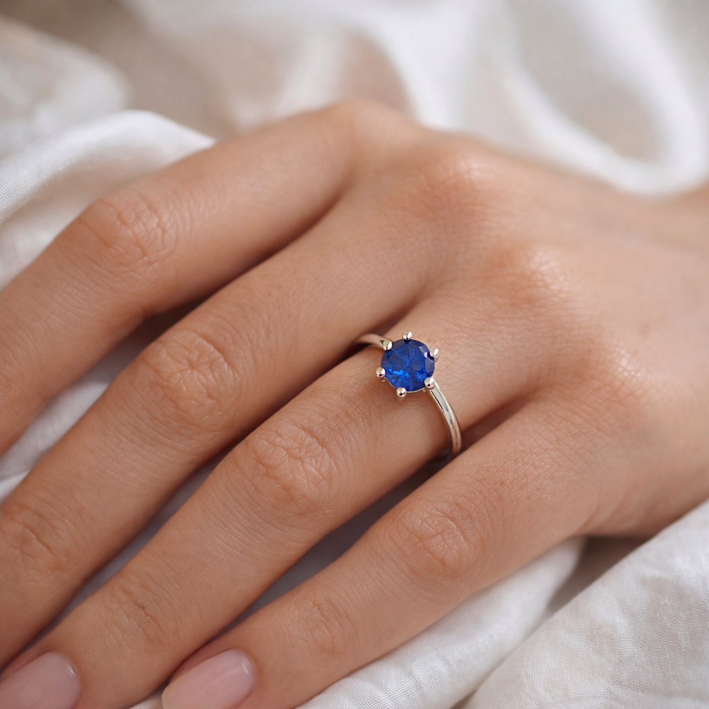 Midnight Aura Solitaire Ring – Minimal Elegant Adjustable Ring for Women | Classic Deep Blue Statement Jewellery