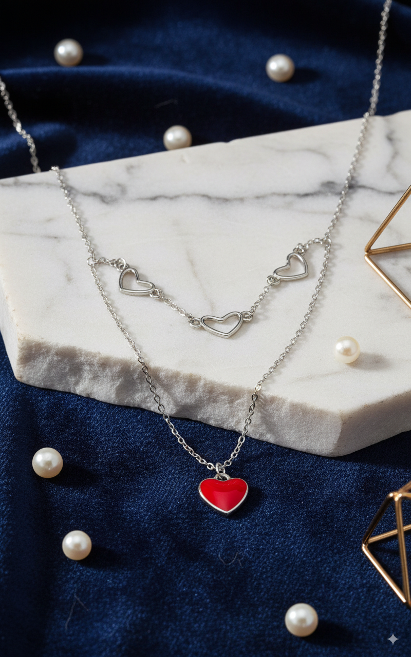 Silver Scarlet Heart Layered Necklace