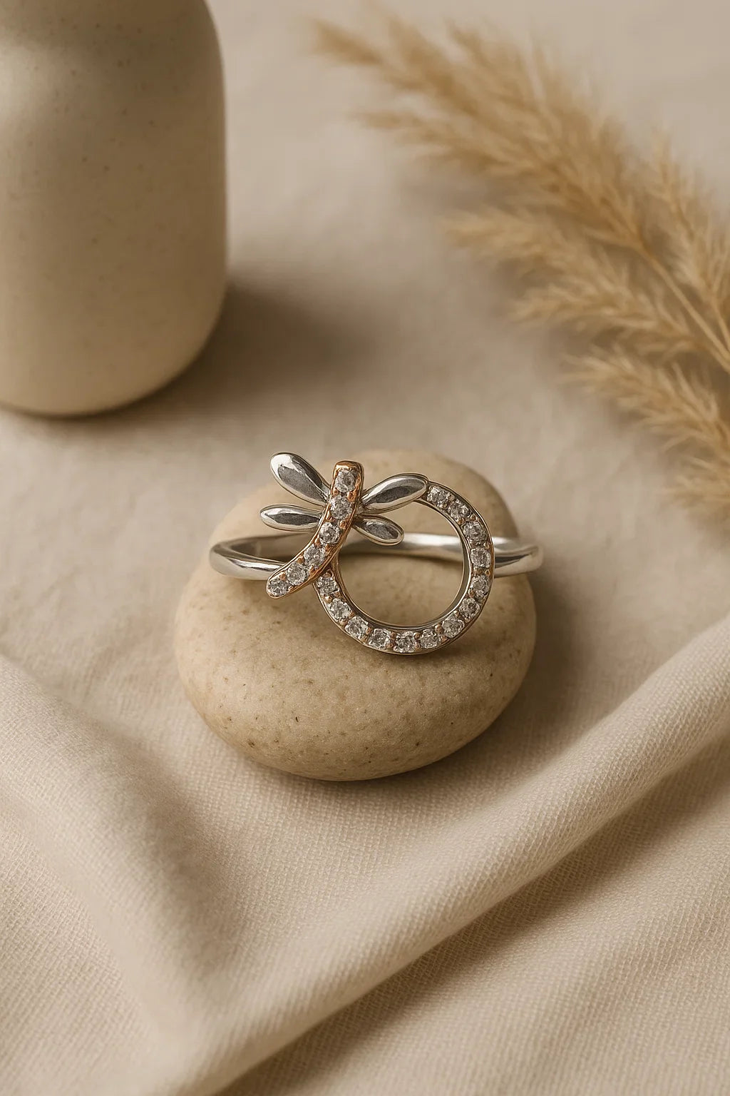 Silver Butterfly and Rose Gold Circle Ring