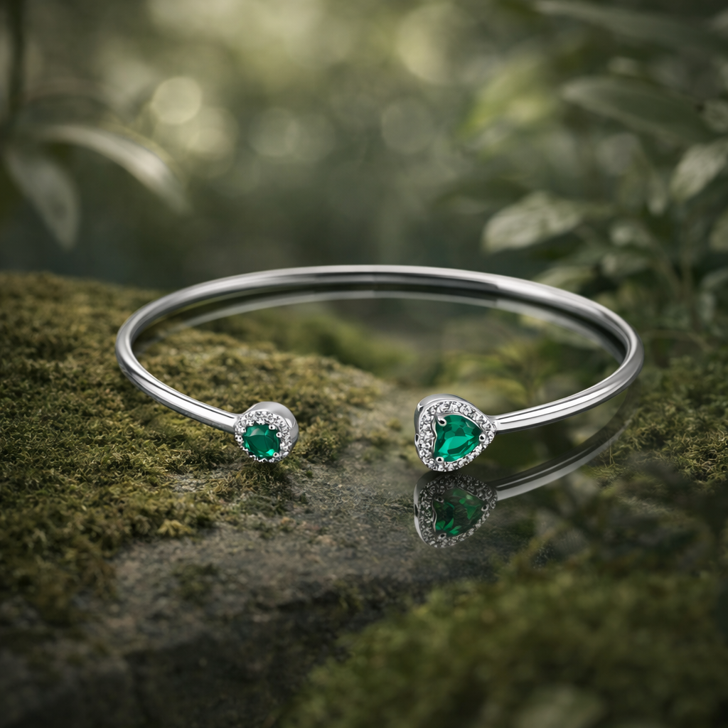 Emerald Duo Open Bangle – Minimal Elegant Adjustable Bracelet for Women | Contemporary Everyday Jewellery